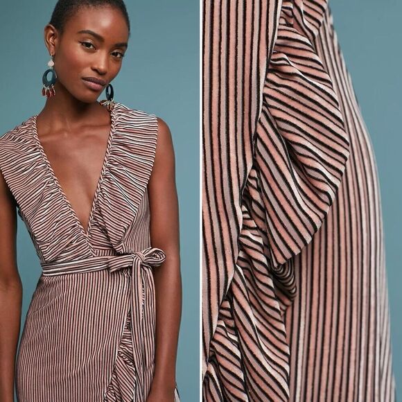 MISA Stripe Velvet Ruffle Wrap Midi ‘EVE’ Dress M Plunged V Neck Fairy Romantic - Picture 11 of 14